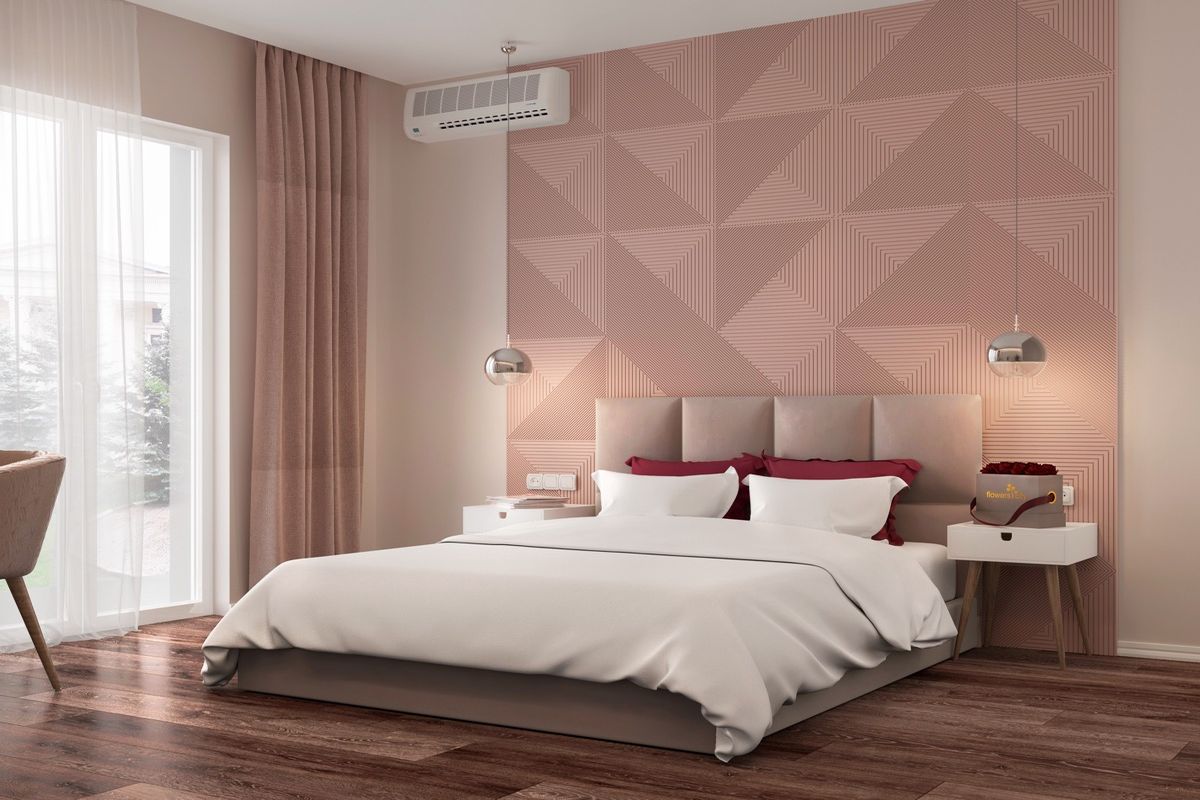 Thiết kế phòng ngủ màu hồng cute tinh tế ấn tượng với điểm nhấn là mảng tường đầu giường phòng ngủ