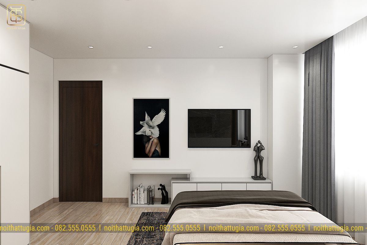 Thiết kế tivi và tranh treo tường nền đen tạo điểm nhấn độc đáo cho căn phòng ngủ 
