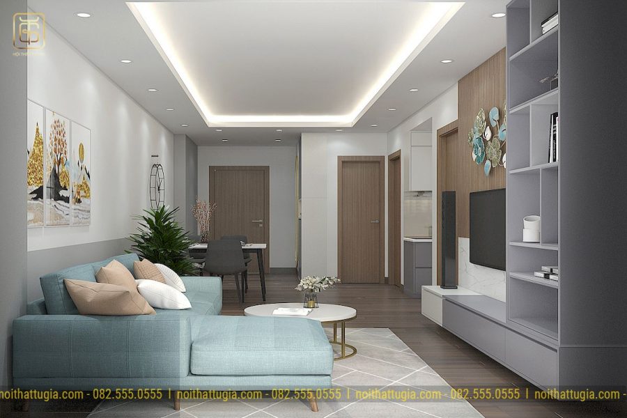 Tông màu xanh xu hướng của sofe giúp nổi bật cho căn hộ thiết kế tối giản nội thất tứ gia