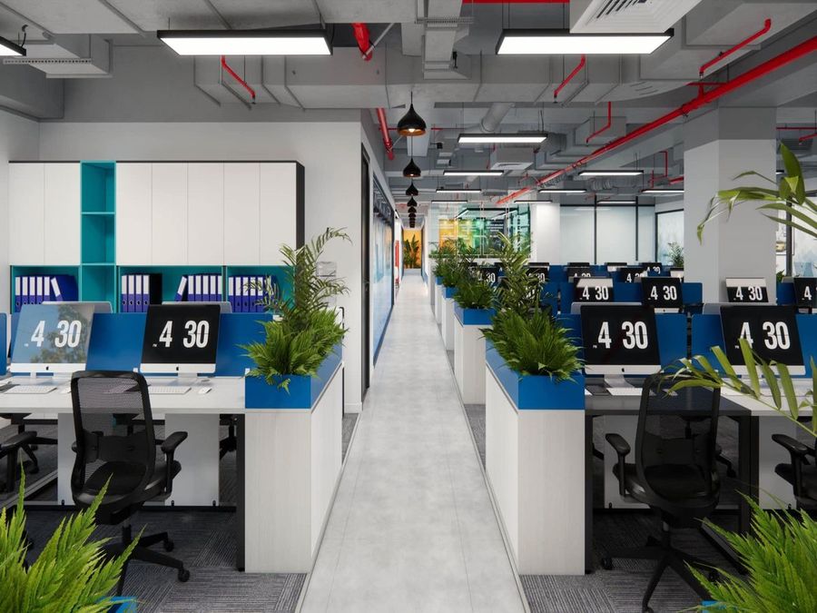 Tổng thể không gian văn phòng tiện nghi với cách thiết kế nội thất đơn giản khoa học