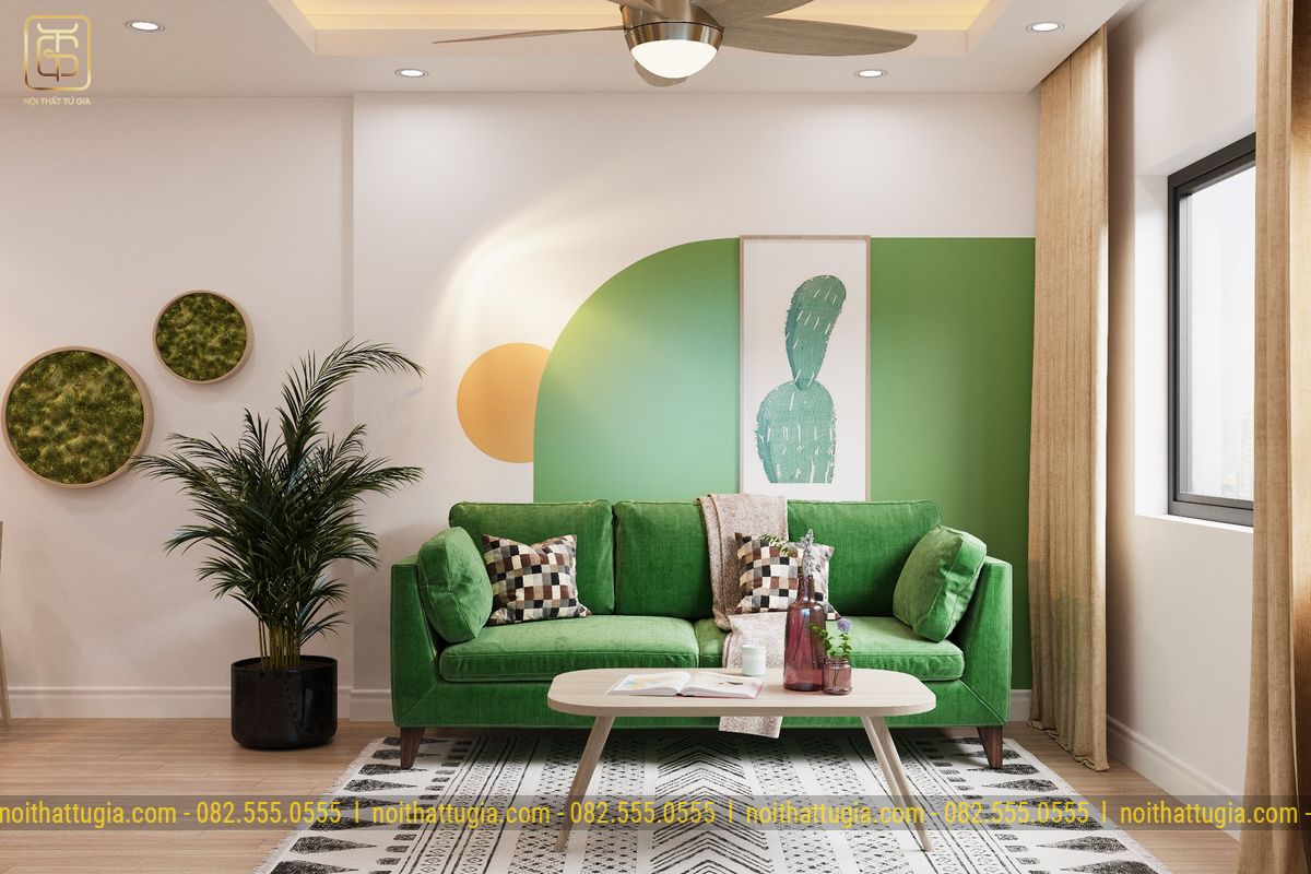 Trang trí cây xanh thông thoáng cho phòng khách tạo cảm giác thoải mái 