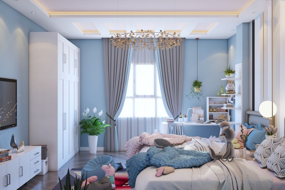 Trang trí phòng ngủ xanh dương nhạt cho nữ