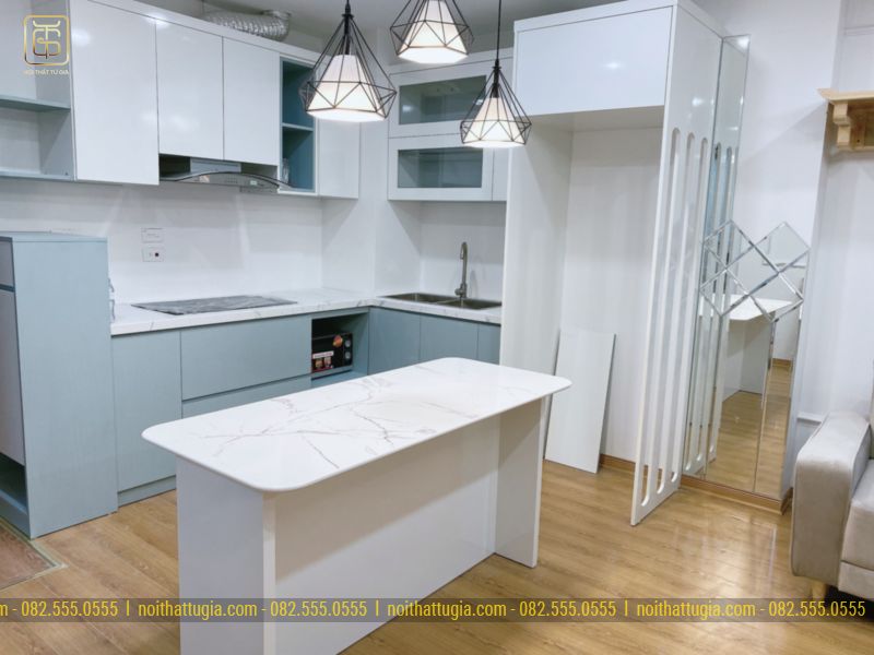 Tủ bếp MDF chống ẩm cao cấp phủ lớp melamine trắng hiện đại, sang trọng cho căn hộ