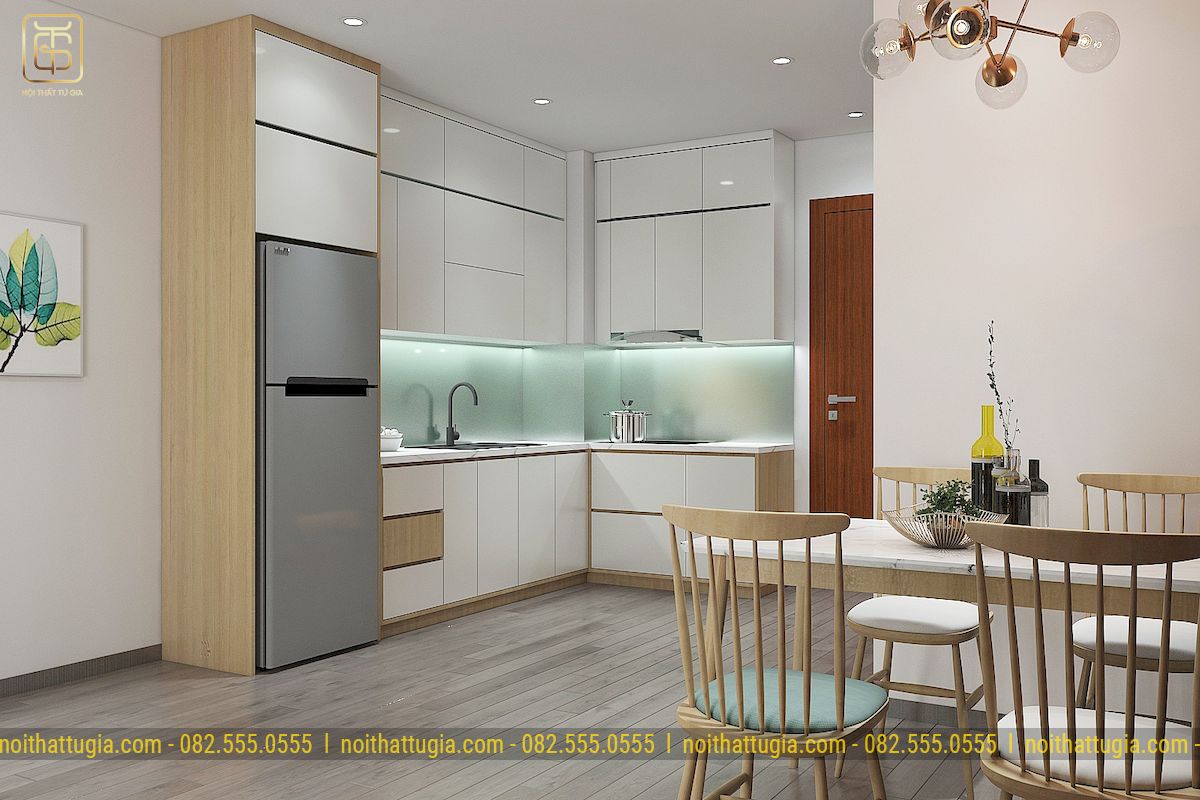 Tủ bếp góc với thiết kế kịch trần có tủ đứng dành cho không gian tủ lạnh tiện nghi với chất liệu gỗ MDF chống ẩm vân gỗ nhẹ nhàng 