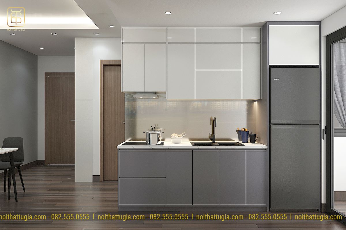 Mẫu phòng bếp đẹp đơn giản với tủ bếp hình chữ I đơn giản phù hợp với những chăn hộ chung cư có diện tích vừa vào nhỏ