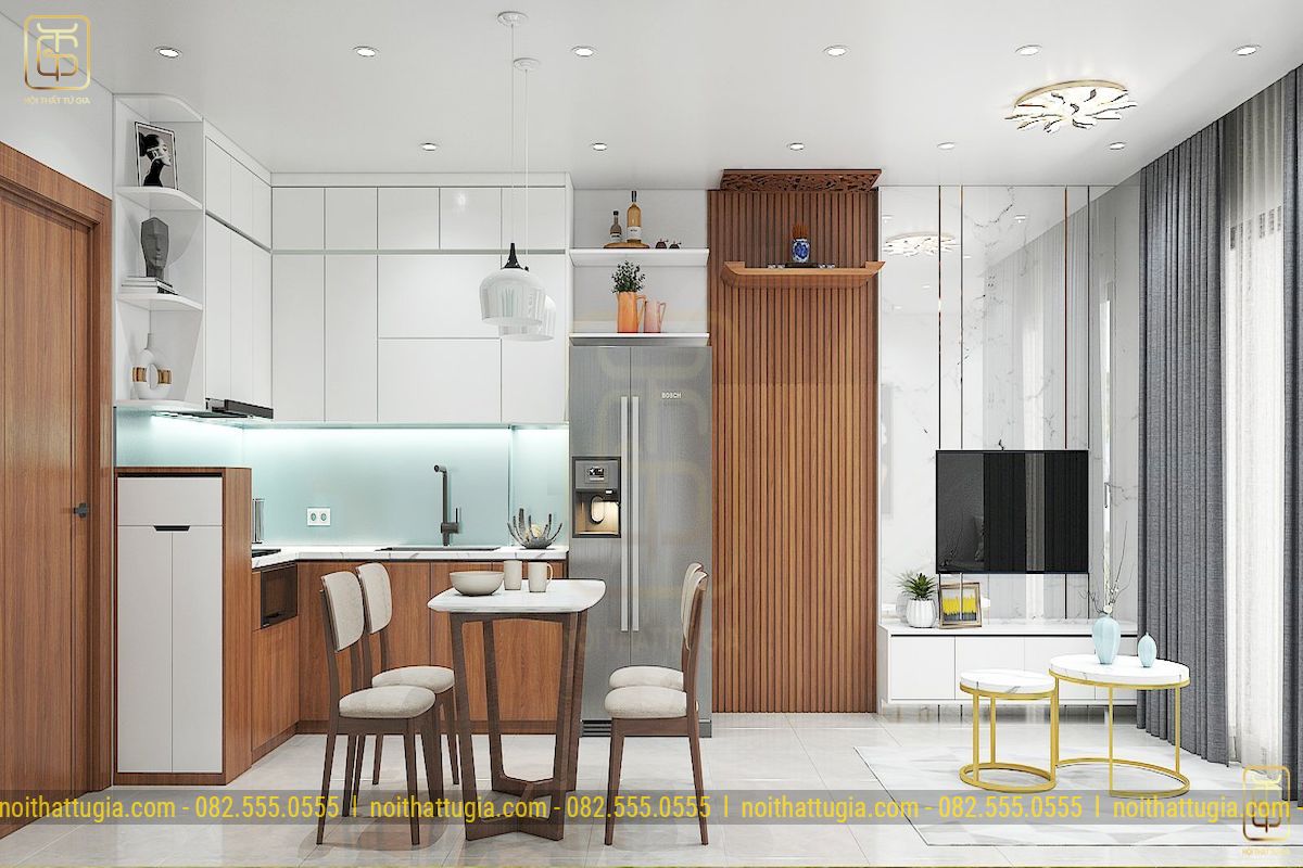 Không gian bếp được thiết kế liên thông tạo không gian mở tiện nghi ấm cúng