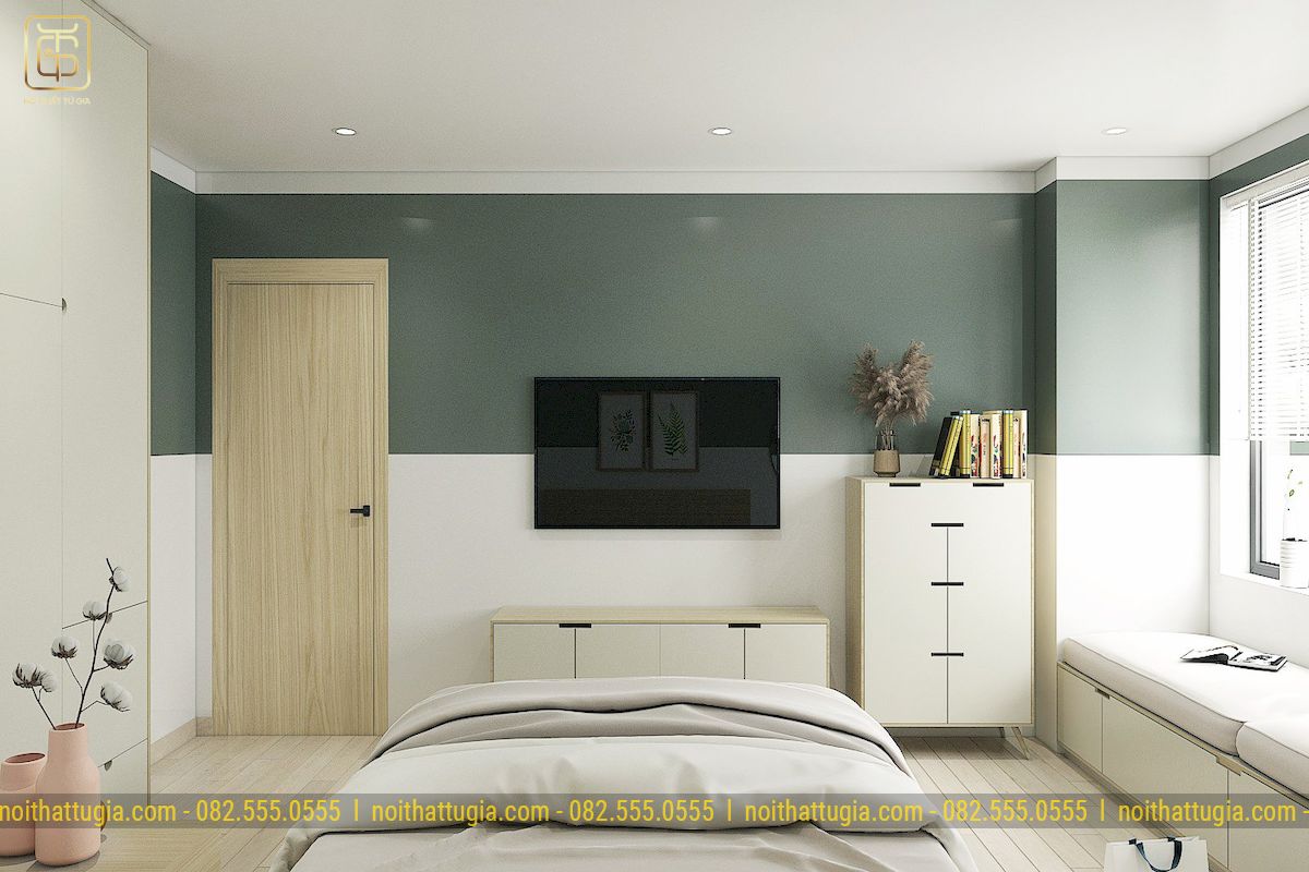 Bố trí thêm cây xanh và bức tường trắng - xanh cho căn phòng như hòa mình với thiên nhiên tươi mát