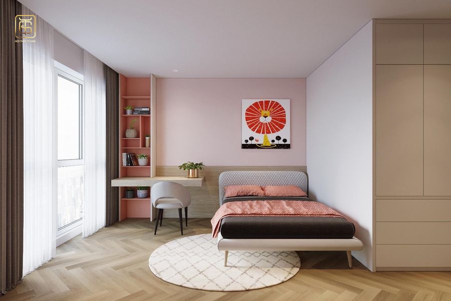 Giường ngủ được thiết kế sát tường tạo không gian rộng rãi tiện nghi
