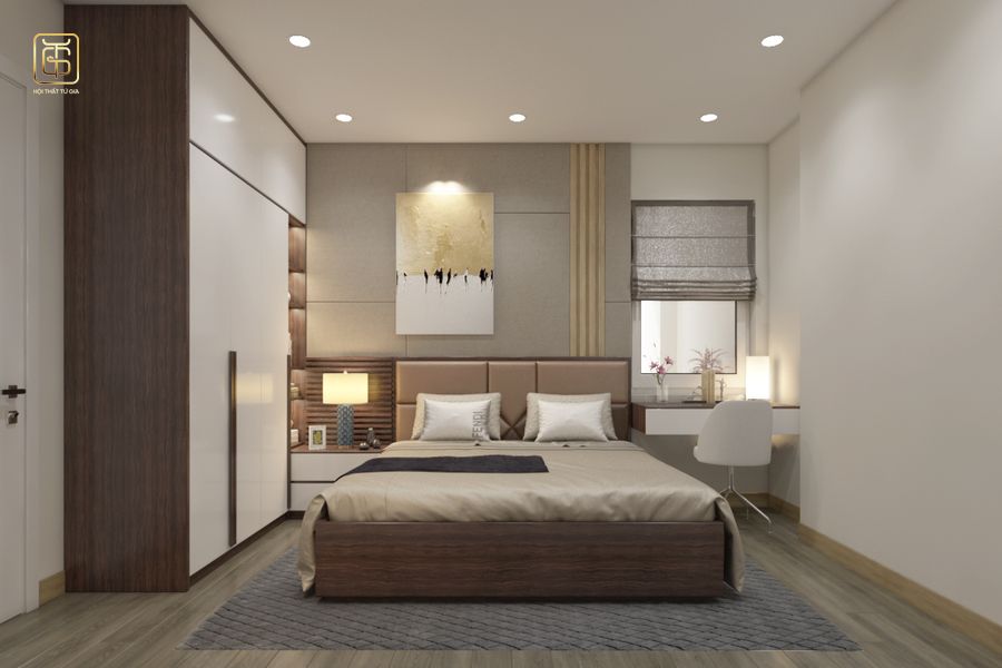 Phòng ngủ diện tích 12m2 đảm bảo cho việc bố trí các món đồ nội thất như tủ quần áo, bàn trang điểm