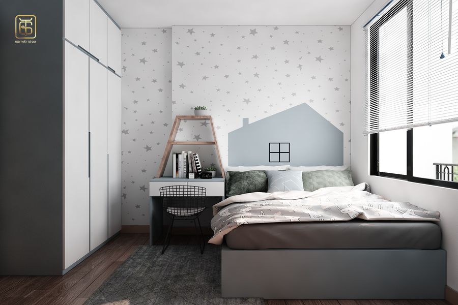 Diện tích phòng ngủ tương đối cần tối ưu nội thất và màu sắc sử dụng trong không gian