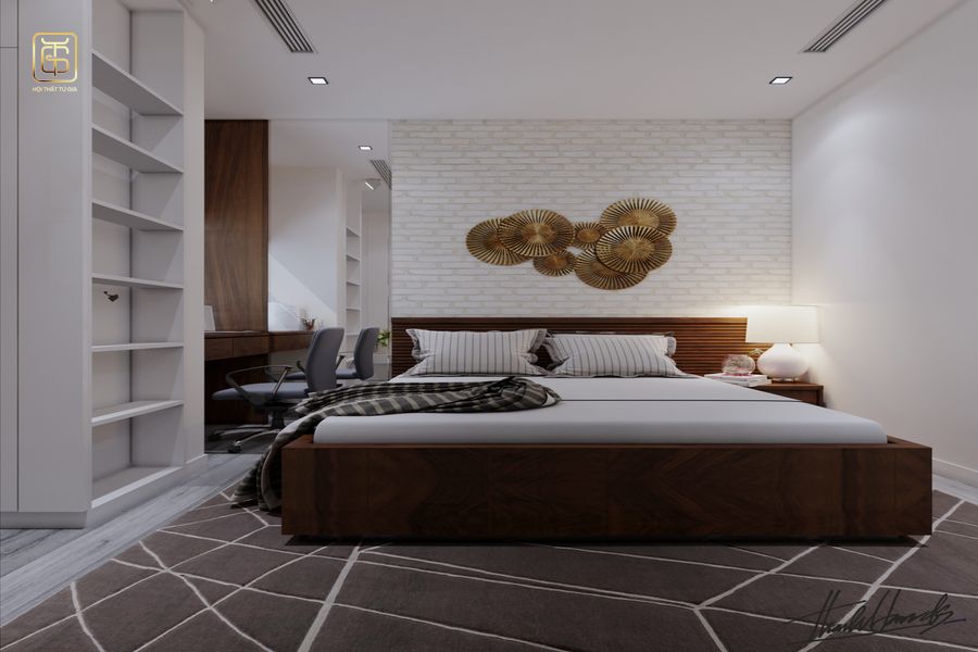 Không gian phòng ngủ nhỏ được bố trí nội thất tông màu trầm mang lại cảm giác ấm cúng nhẹ nhàng