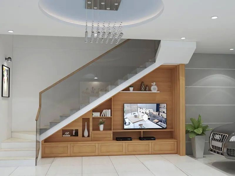 Mẫu kệ tivi đẹp dưới gầm cầu thang thiết kế đơn giản