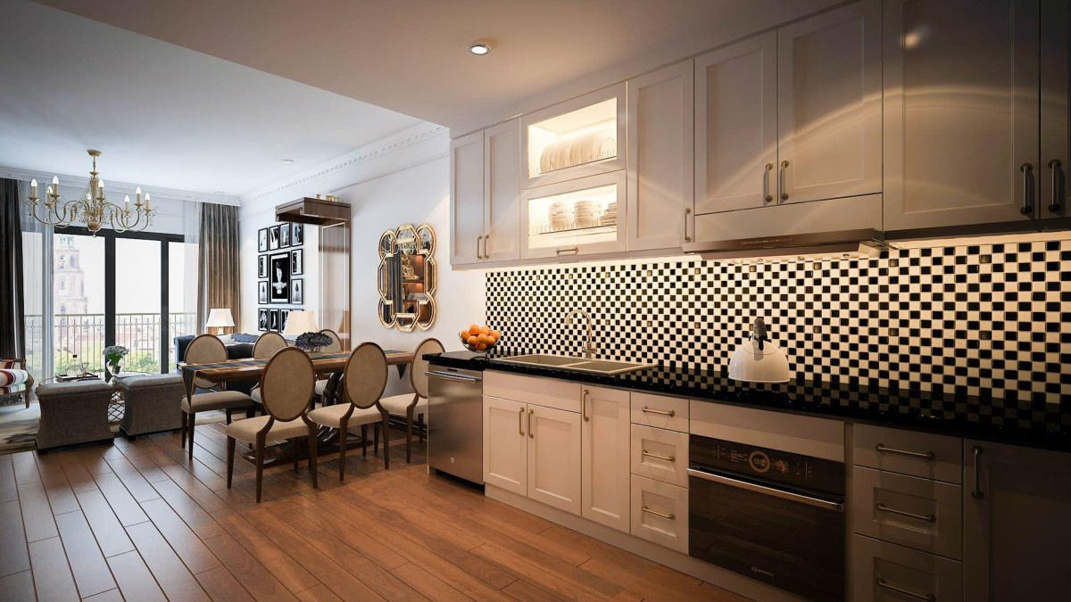 Không gian bếp và phòng khách được thiết kế liên thông với nhau