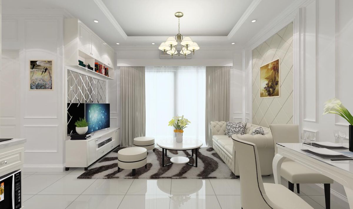 Không gian phòng khách tiện nghi sang trọng với tông màu trắng tinh khiết nhẹ nhàng