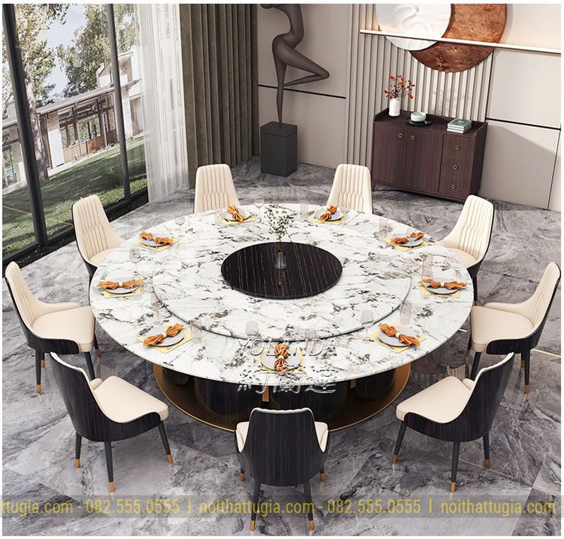 Bộ bàn ăn tròn 8 ghế với chất liệu hiện địa kết hợp mặt bàn đá vân mây cực sang trọng