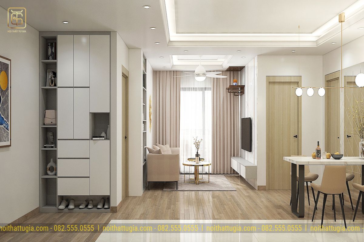 Lối thiết kế phòng khách liền bếp hiện đại, sang trọng trong căn hộ 90m2 phổ biến