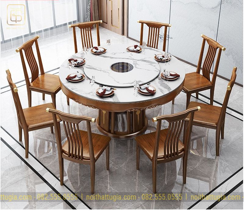 Mẫu bàn ăn tròn 8 ghế chất liệu gỗ tự nhiên