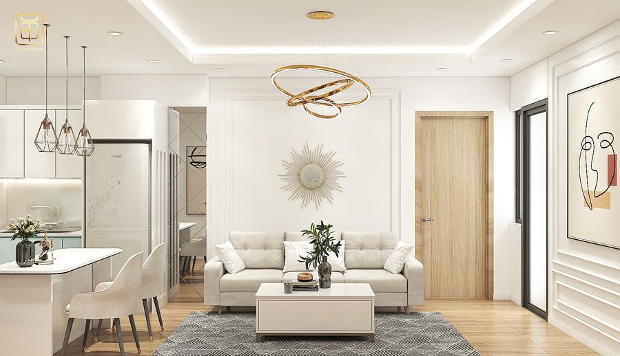 Không gian kết hợp giữa phong cách hiện địa điển nét một số chi tiết phào chỉ tân cổ nhẹ nhàng tạo điểm nhấn ấn tượng cho không gian phòng khách đẹp