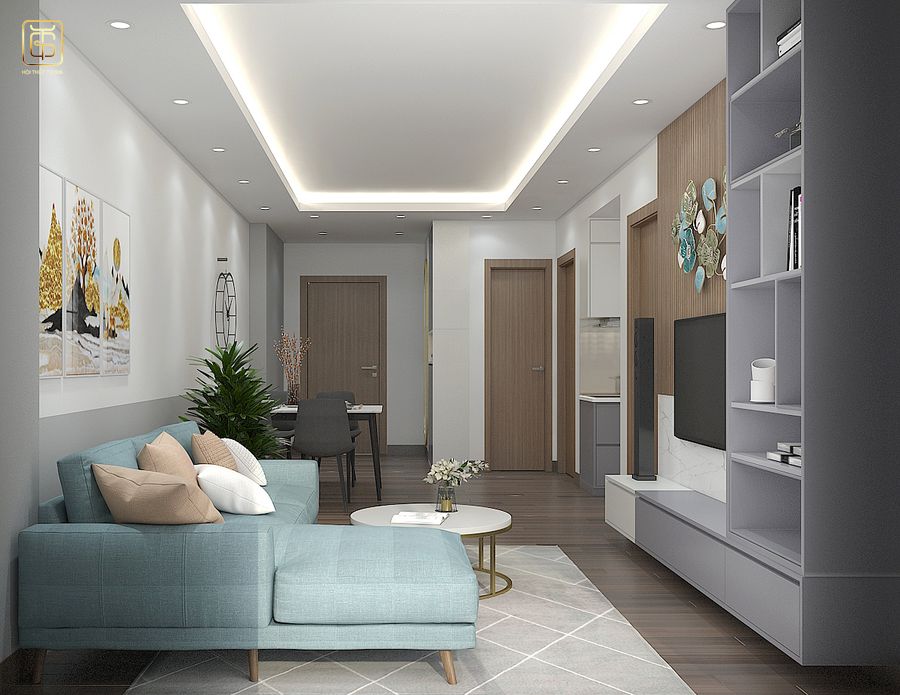 Mẫu thiết kế phòng khách căn hộ chung cư hiện đại với tông màu tối giản nhẹ nhàng