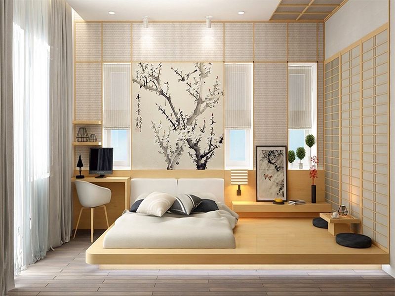 Sự kết hợp hài hòa giữa tông màu sơn trắng và nội thất chất liệu gỗ