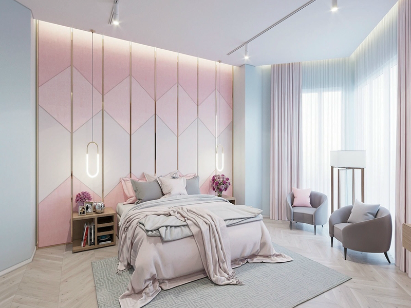 Màu sơn phòng ngủ đẹp tinh tế khi kết hợp giữa tông màu hồng và xanh ngọc nhẹ
