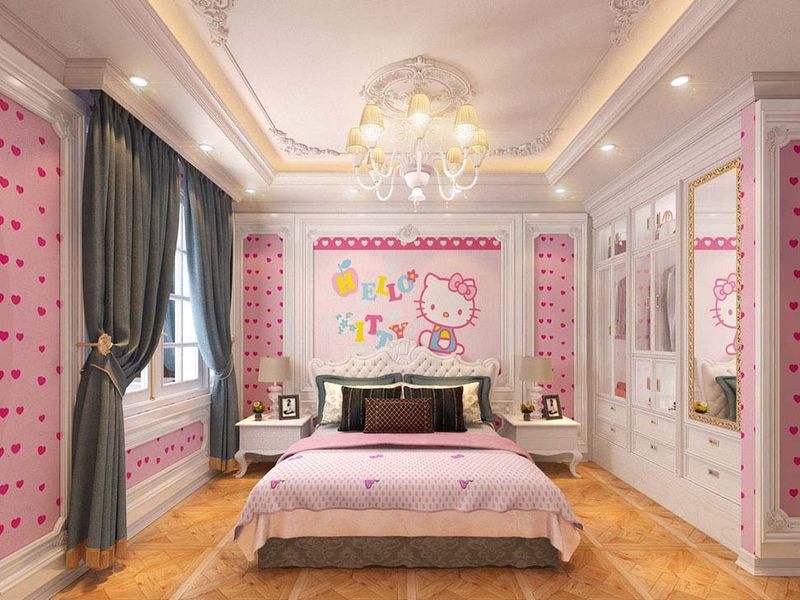 Sơn màu hồng phòng ngủ cho bé kết hợp vẽ tranh tường dễ thương