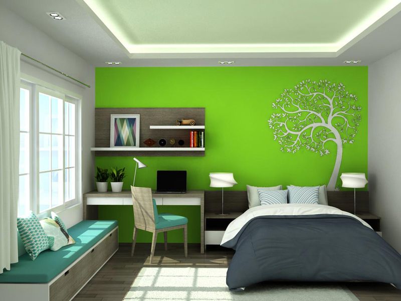 Mẫu phòng ngủ dưới đây bức tường được sơn màu xanh lá mạ chính là điểm nhất đặc biệt