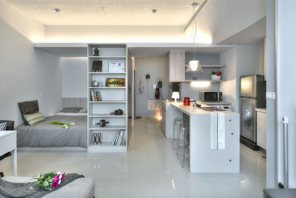 Mẫu thiết kế căn hộ Studio 45m2 tone màu trắng sáng hiện đại, thoải mái