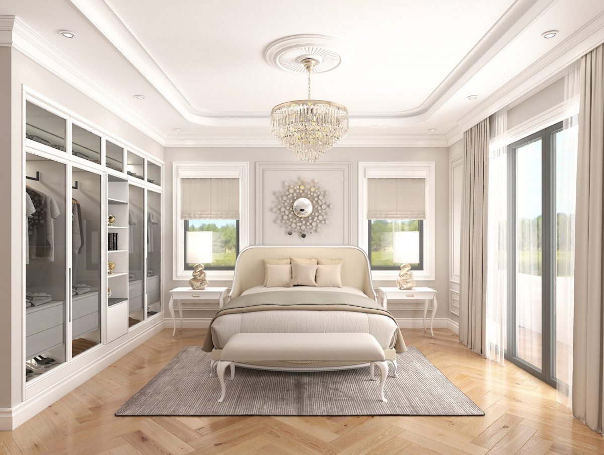 Thiết kế nội thất phòng ngủ tân cổ điển hiện đại với tông màu trắng kem