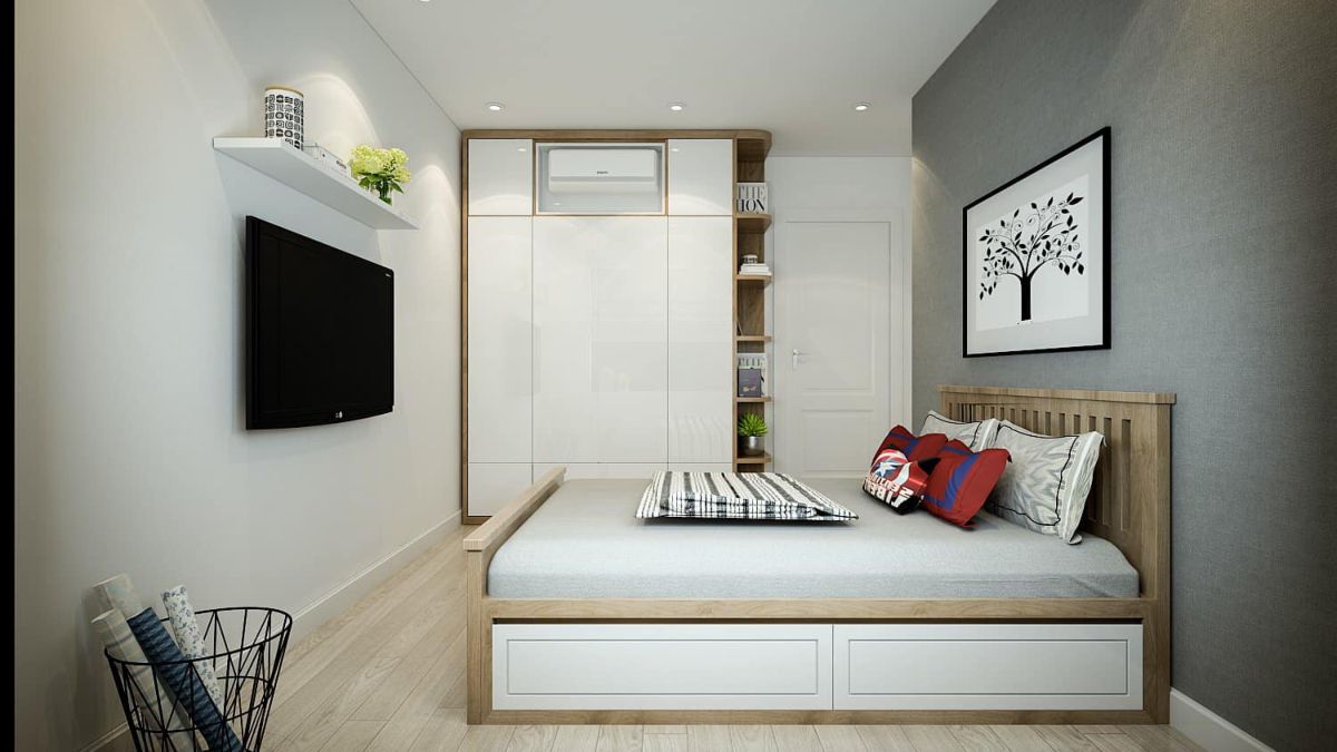 Nội thất phòng ngủ con được thiết kế thông minh với giường có ngăn kéo và tủ quần áo thiết kế kịch trần khoa học