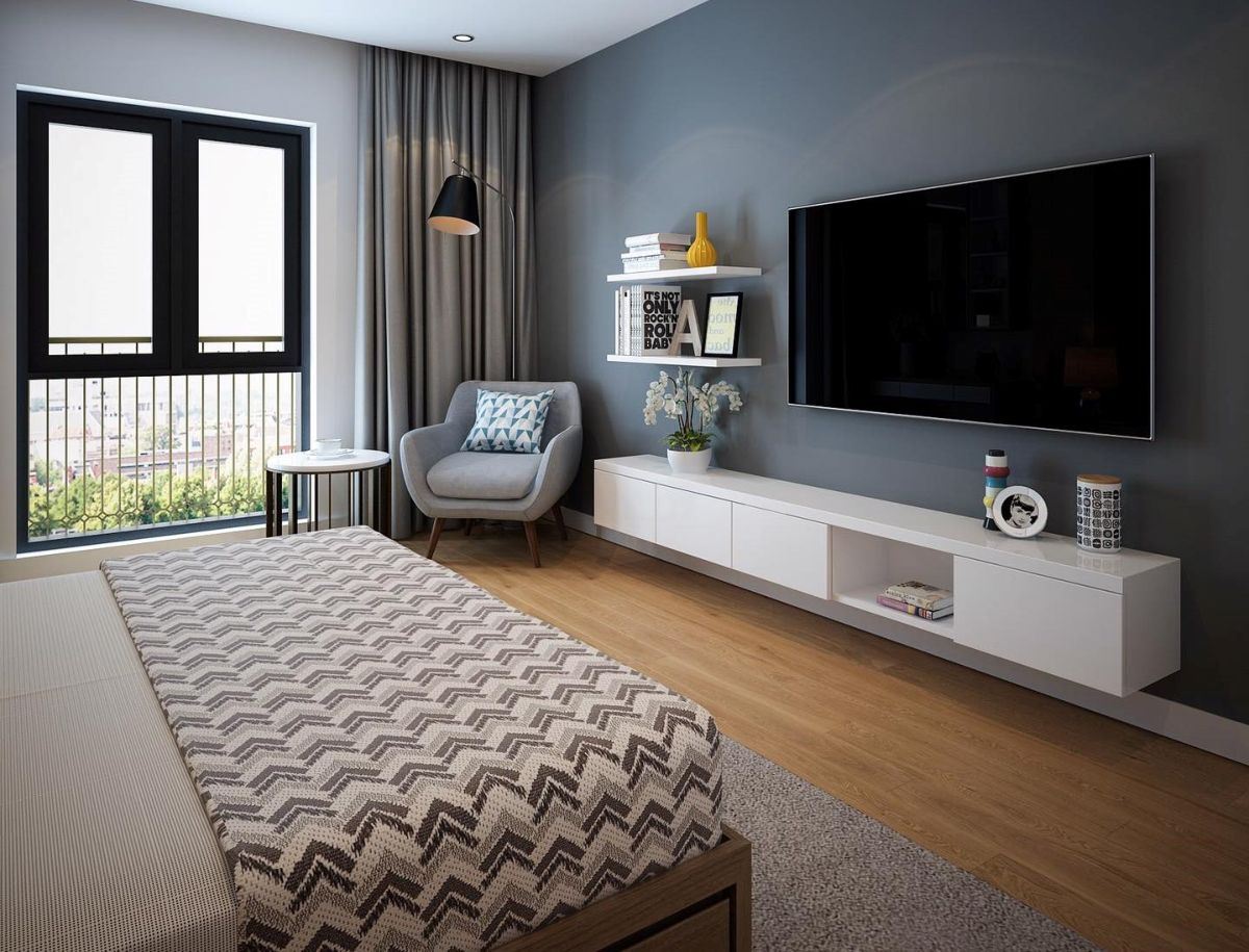 Nội thất phòng ngủ được thiết kế đơn giản với tủ gắn tường đơn giản nhỏ gọn