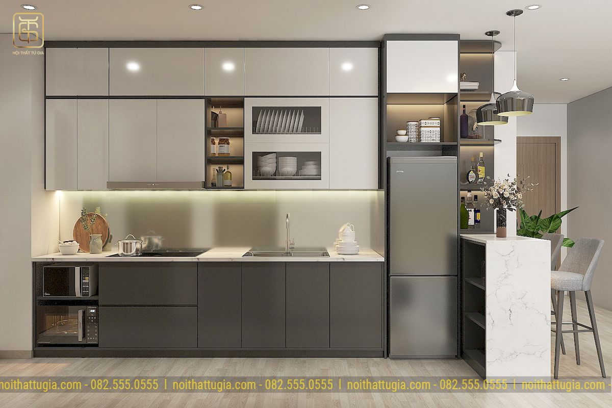 Phòng bếp hiện đại, sang bóng và nhẵn mịn với tủ bếp chất liệu MDF phủ acrylic cao cấp