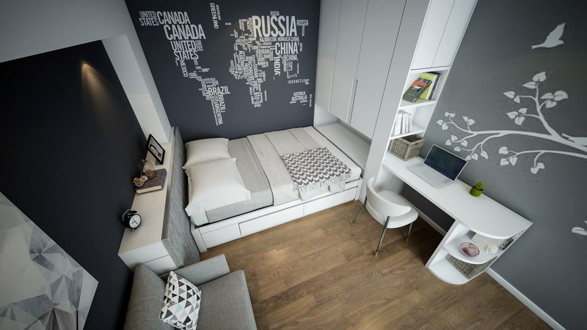 Phòng ngủ con tiện nghi với nội thất đa năng tích hợp kết hợp với cách sử dụng màu sắc tối giản tinh tế