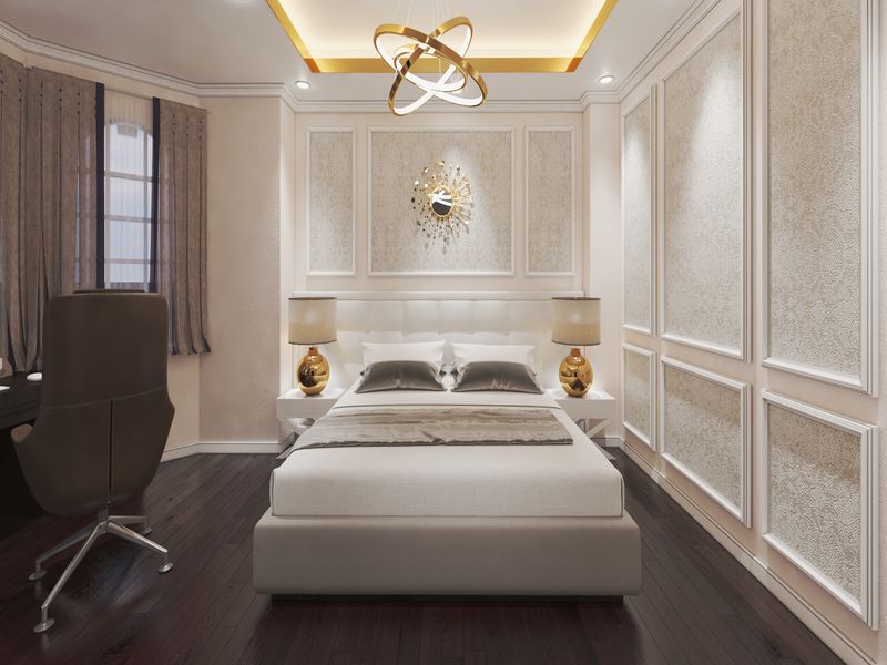 Phòng ngủ nam đẹp với tông màu trắng xám kết hợp đèn trần tông vàng mang lại không gian tinh tế ấn tượng nhất