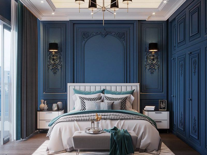 Tông màu xanh được ứng dụng trong thiết kế phòng ngủ tân cổ của phái mạnh