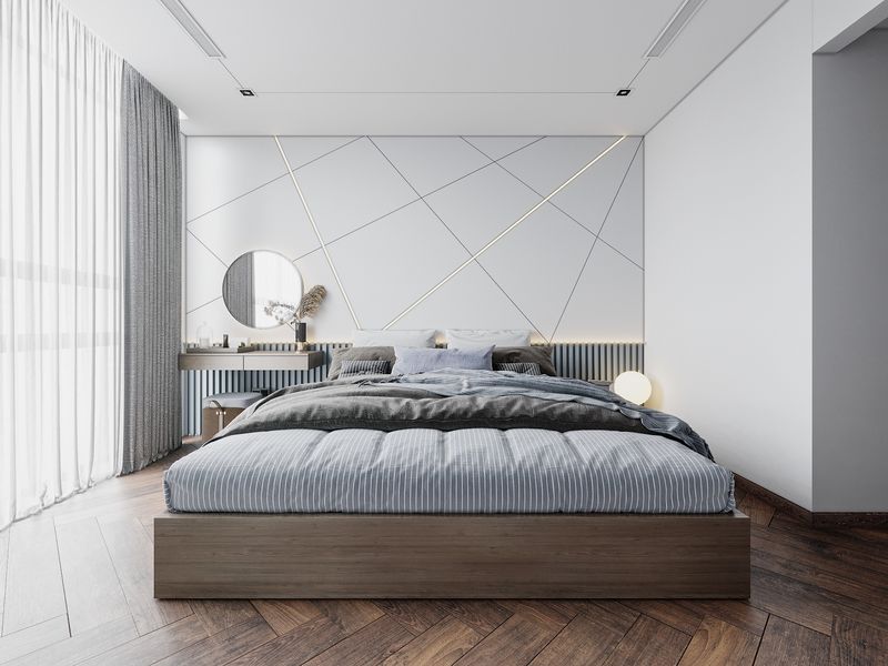 Phòng ngủ đẹp cho nam với tông màu nhẹ nhàng ấn tượng với nội thất chất liệu gỗ tự nhiên nổi bật trên sơn tường trắng