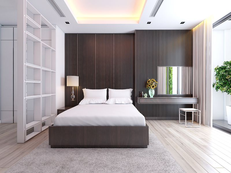 Phòng ngủ đẹp cho nam giới ấn tượng với tông màu tối giản ốp tường bằng lam gỗ mềm mại