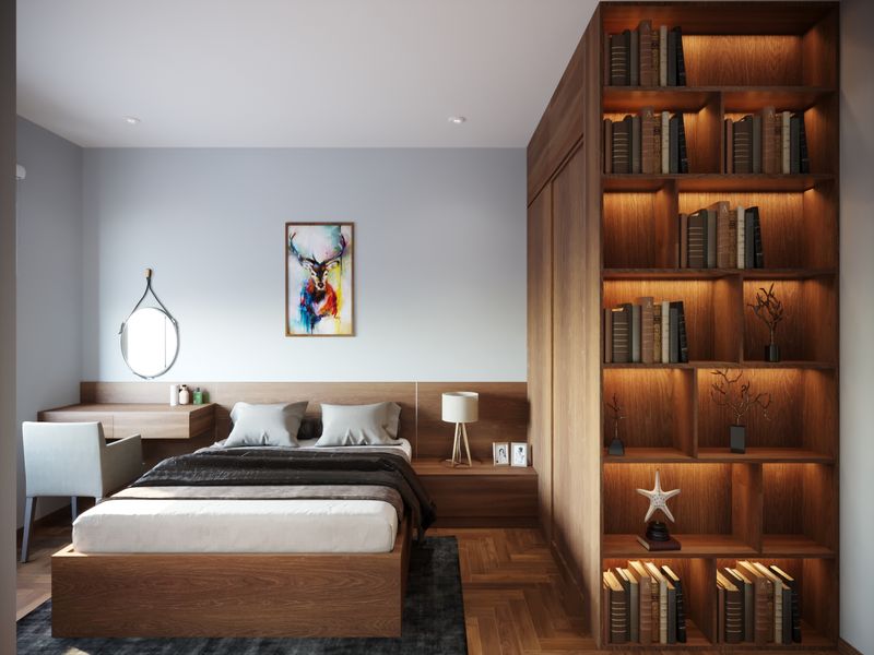 Phòng ngủ diện tích nhỏ ấn tượng với cách sử dụng màu sắc kết hợp với chất liệu gỗ kèm đèn led mềm mại