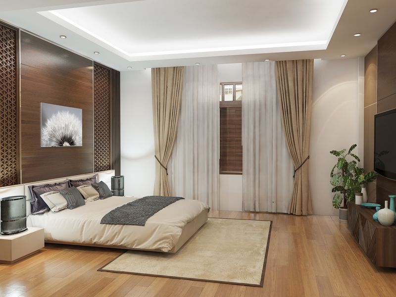 Phòng ngủ cho nam trở nên ấm cúng hơn nhờ vào ốp lam gỗ đầu giường bằng chất liệu gỗ