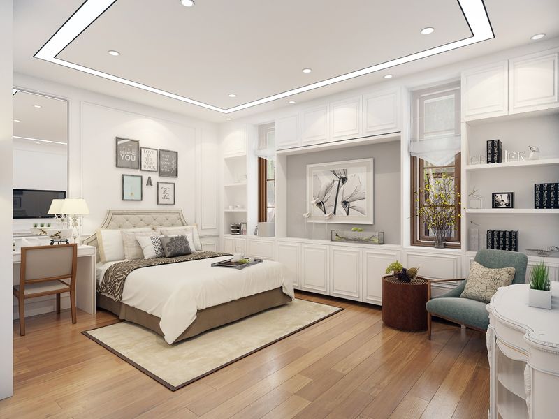 Không gian phòng ngủ cho nam được thiết kế mêm mại với tông màu trắng nhẹ nhàng