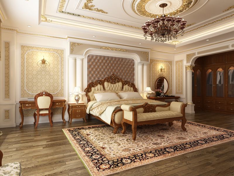 Phòng ngủ với chất liệu gỗ kết hợp với các loại vật liệu cao cấp với phong cách tân cổ điển mang lại không gian sang trọng tinh tế nhất