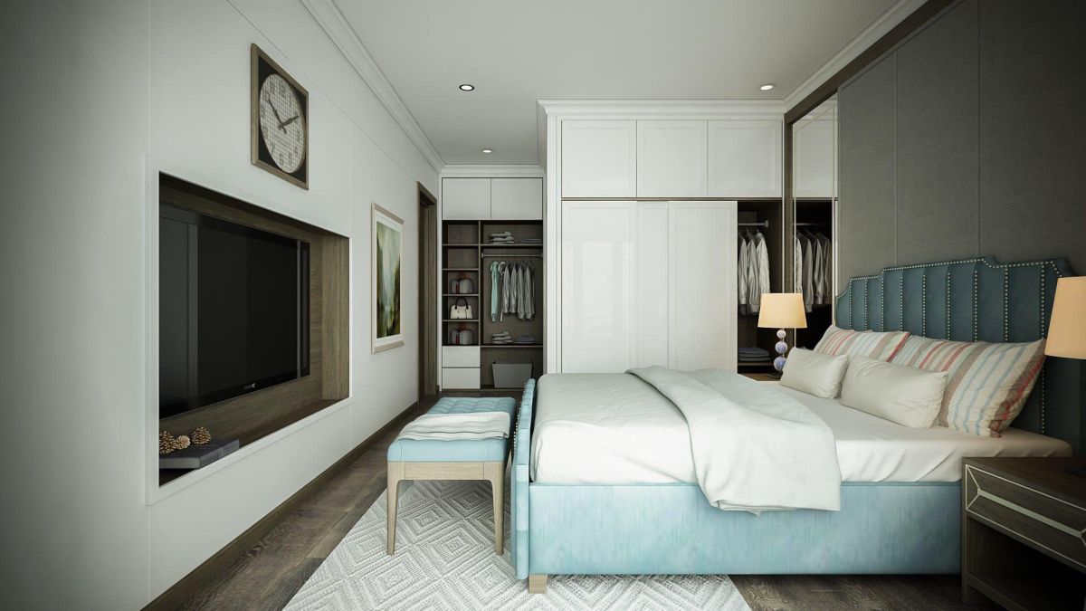 Phòng ngủ master được thiết kế đơn giản tinh tế với giường chất liệu khung gỗ kết hợp ốp giường mềm mại với chất liệu bọc nỉ cao cấp