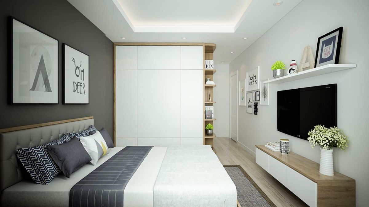 Phòng ngủ master rộng rãi thoải mái với giường gỗ đầu giường ốp nệm mít bọc da, kết hợp tranh trang trí đơn giản