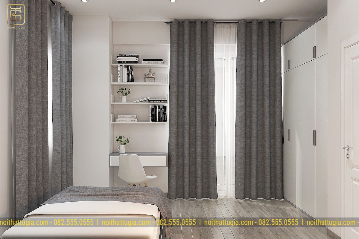 Phòng ngủ sau cải tạo với nội thất tiện nghi, hiện đại và rèm cửa tiện lợi cho gia chủ