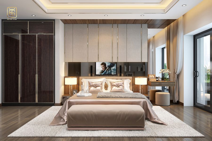 Phòng ngủ vợ chồng 25m2 được thiết kế theo phong cách hiện đại