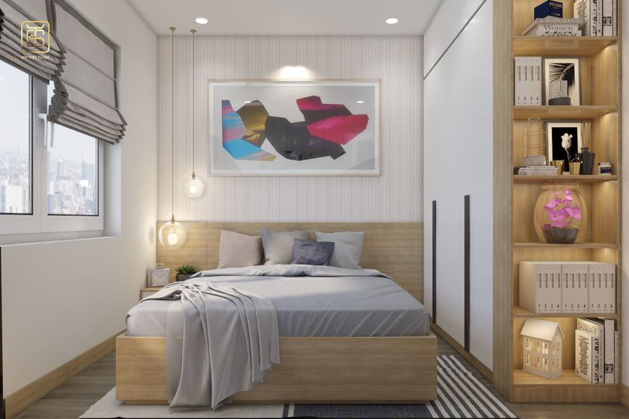 Phòng ngủ thiết kế đơn giản với tông màu sáng thiết kế đảm bảo đầy đủ nội thất, bố trí một cách khoa học nhất