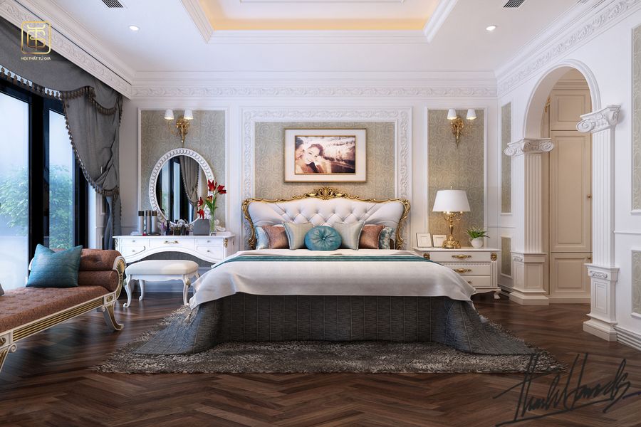 Thiết kế nội thất phòng ngủ vợ chồng 30m2 được thiết kế theo phong cách tân cổ điển