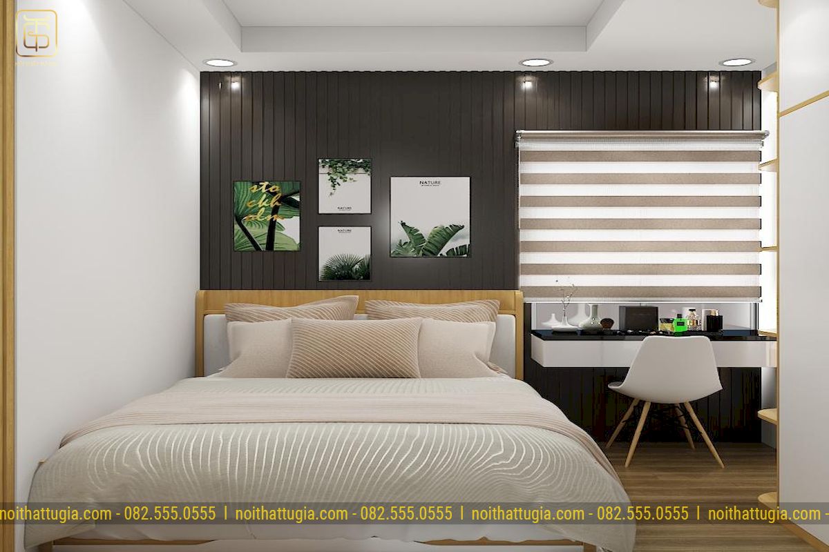 Phòng ngủ với thiết kế đơn giản với mảng tường gam màu tối kết hợp với ánh đèn độc đáo