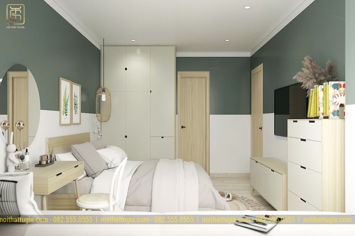 Thiết kế màu trắng và gỗ nhạt nhẹ nhàng, ấm áp kết hợp với sơn tường màu xanh mới mẻ