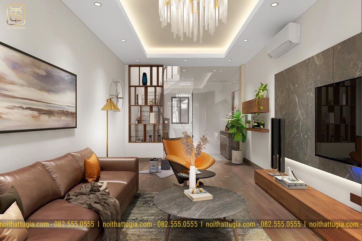 Thiết kế nội thất nhà phố sang trọng và hiện đại với bộ sofa màu nâu bọc da cao cấp